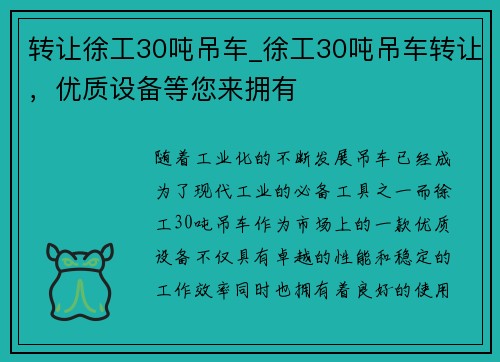 转让徐工30吨吊车_徐工30吨吊车转让，优质设备等您来拥有